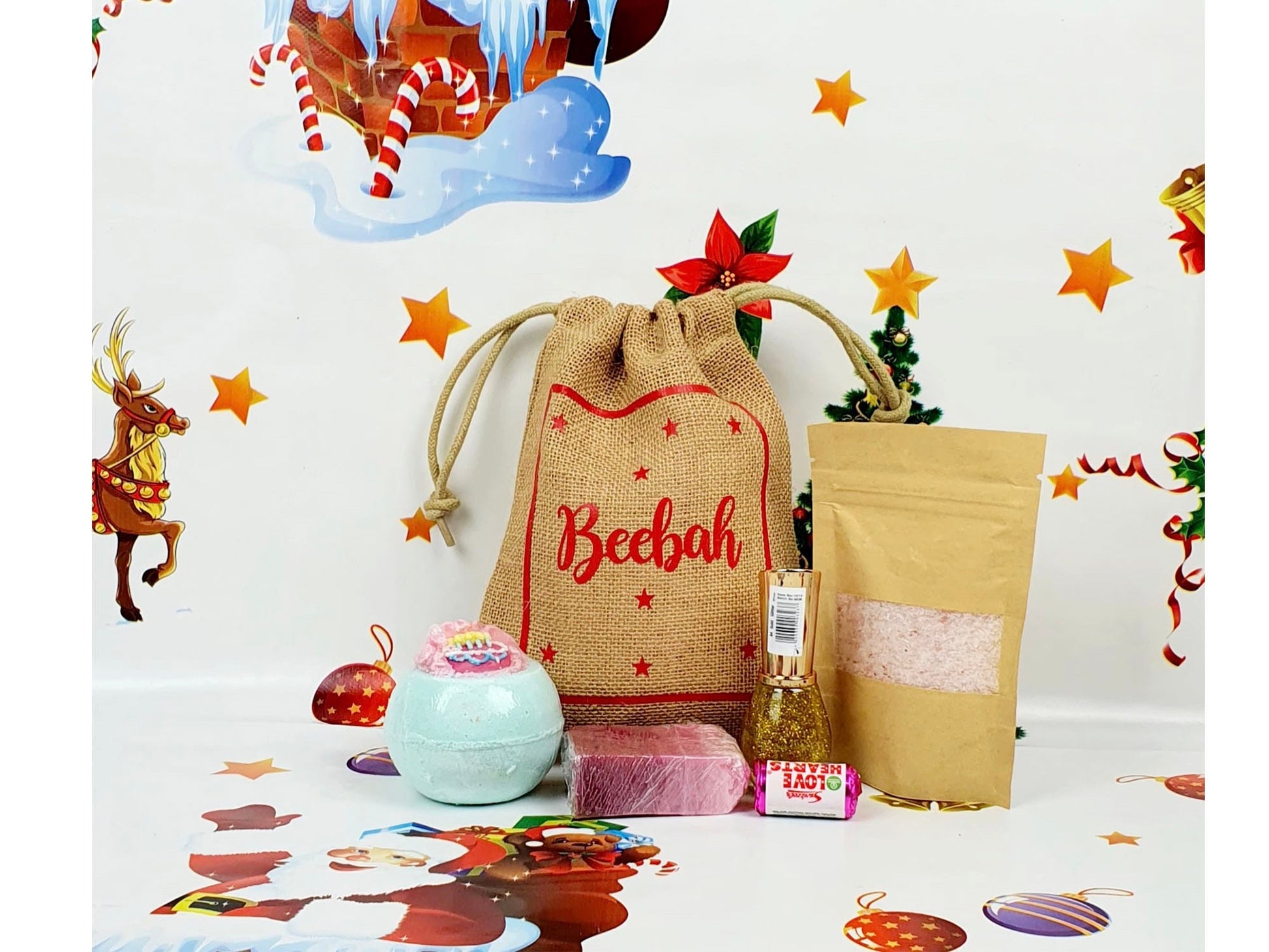 Personalised happy birthday jute gift bag filled with bath bomb, nail polish and treats