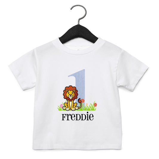 Personalised jungle themed birthday t-shirt with custom age and name in safari animal design