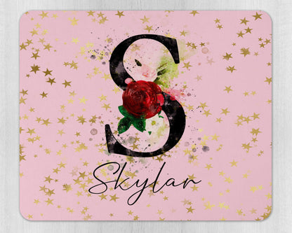 Close-up of personalised name detail on custom designed mouse pad with rubber base