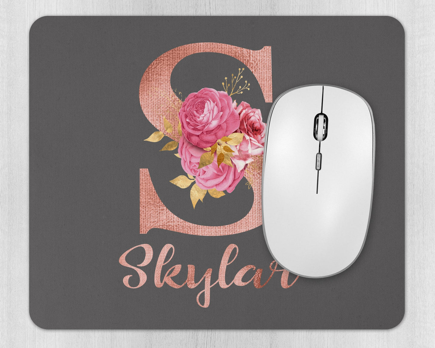 Personalised rose gold initial mouse pad with custom name, elegant desk accessory on workspace