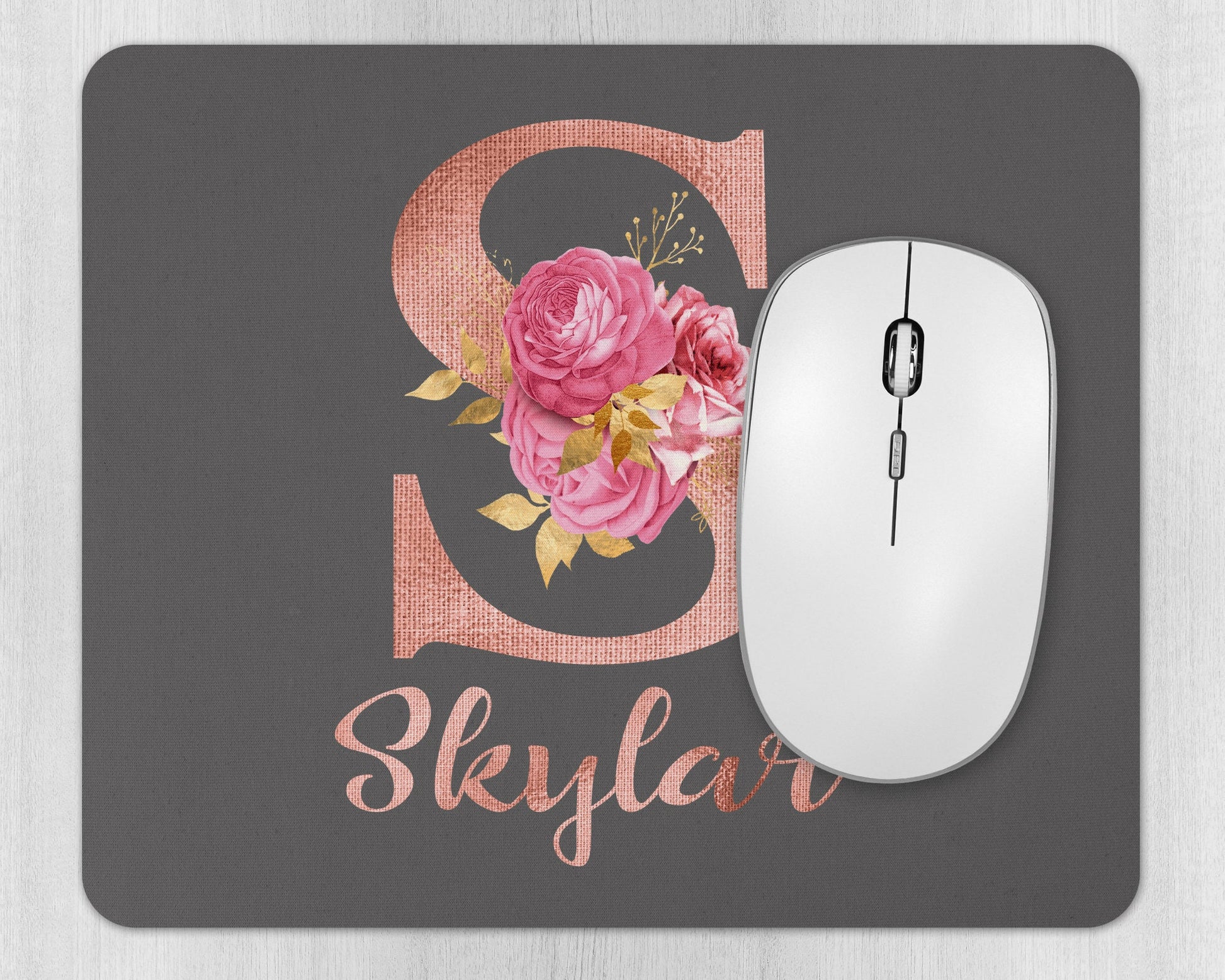 Personalised rose gold initial mouse pad with custom name, elegant desk accessory on workspace