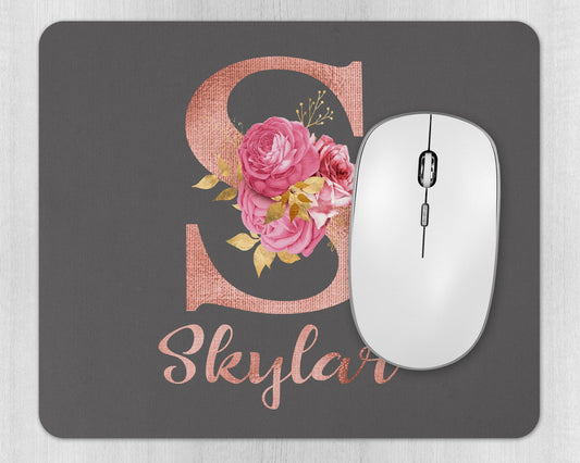Personalised rose gold initial mouse pad with custom name, elegant desk accessory on workspace
