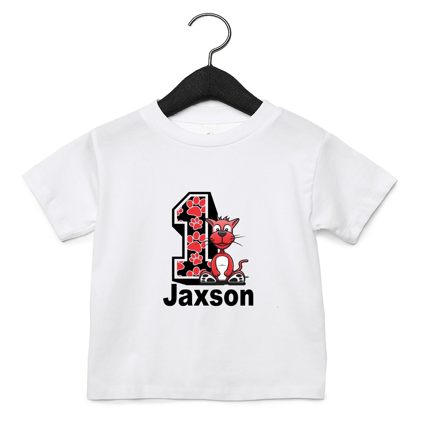 Personalised paw birthday t-shirt with child's age number and custom name in colourful paw design