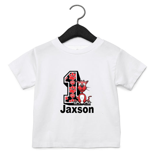 Personalised paw birthday t-shirt with child's age number and custom name in colourful paw design