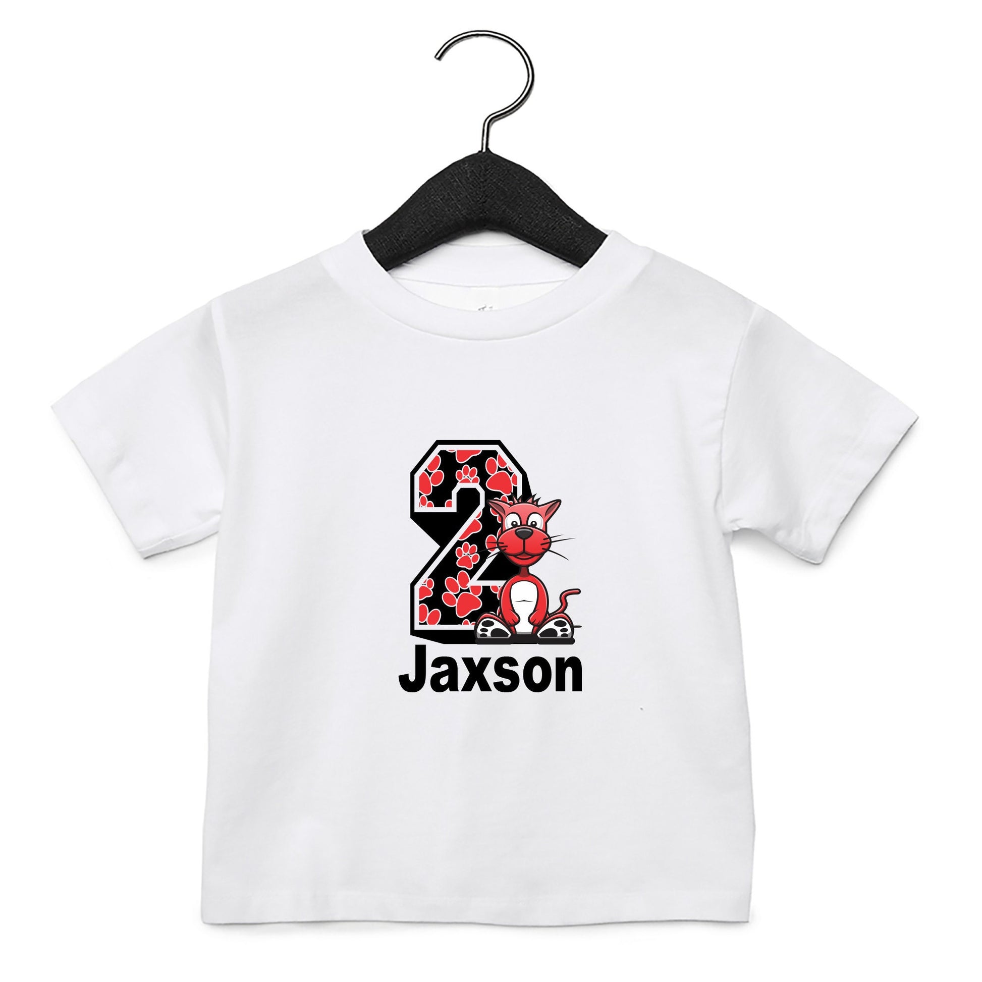 Personalised paw birthday t-shirts showing different age numbers and name personalisation options