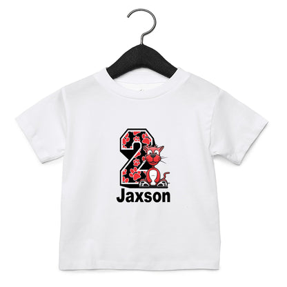 Personalised paw birthday t-shirts showing different age numbers and name personalisation options