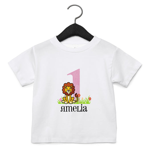 Personalised jungle themed birthday t-shirt with child's age number and name in safari animal design