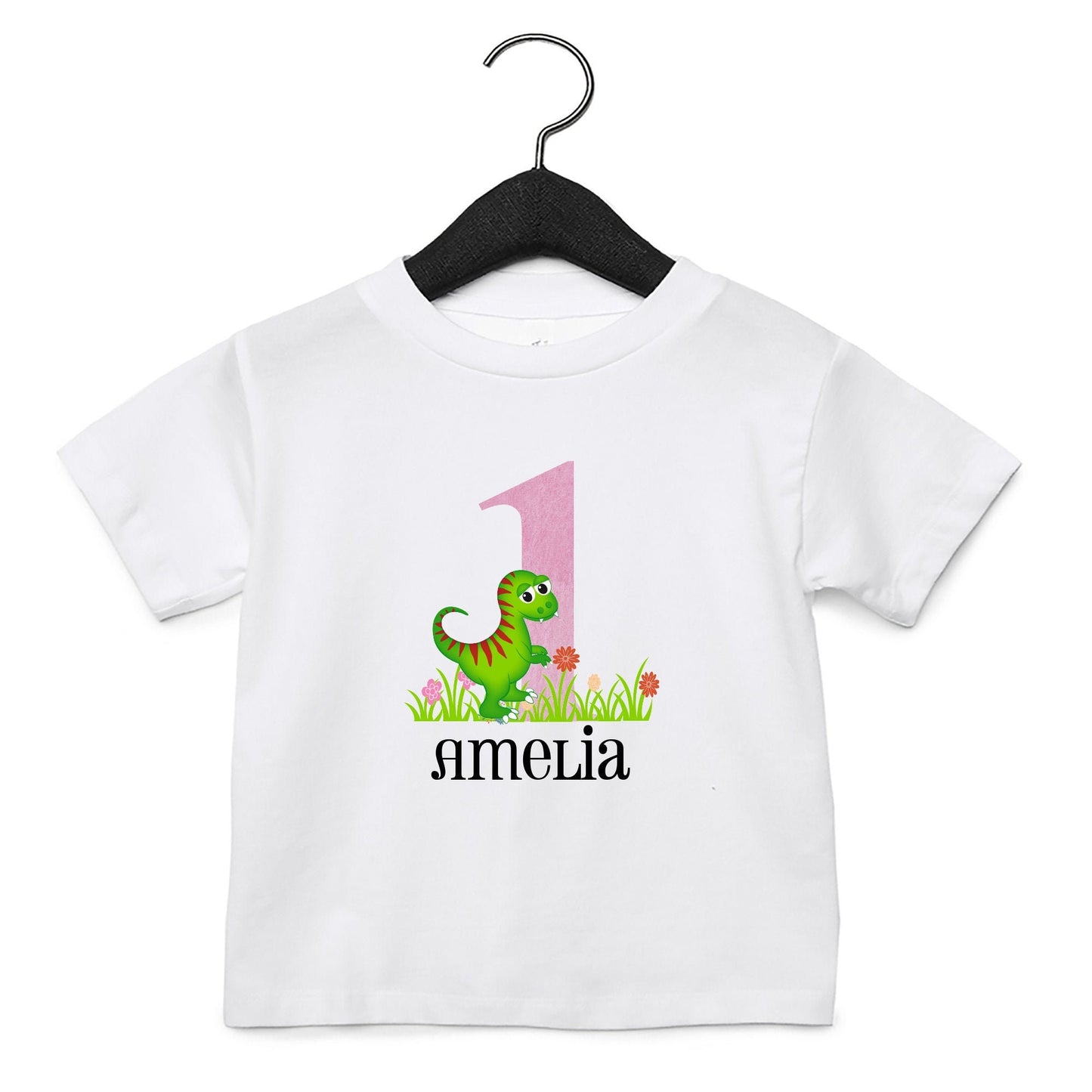 Personalised dinosaur birthday t-shirt with child's age number and name in colourful dino design