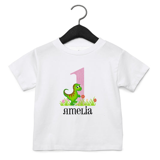 Personalised dinosaur birthday t-shirt with child's age number and name in colourful dino design
