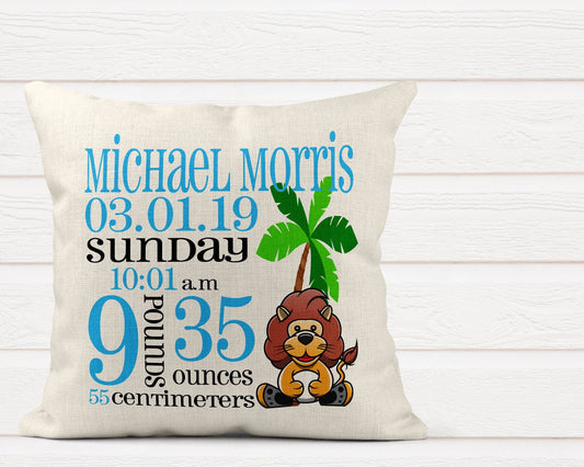 Personalised baby birth announcement cushion with animal illustration and birth statistics for nursery