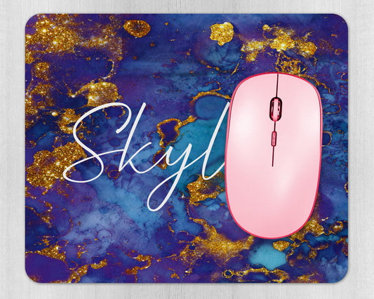 Personalised purple and gold glitter grunge design mouse pad with custom name on desk