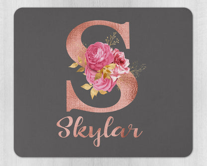 Close-up of personalised rose gold initial and name design on custom mouse pad with rubber base