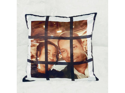Back of personalised satin photo pillow showing single large photo option