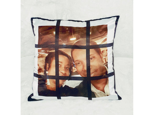 Back of personalised satin photo pillow showing single large photo option