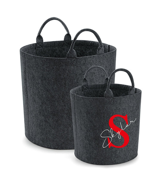 Personalised charcoal felt trug storage bag with custom name and initial for toy storage