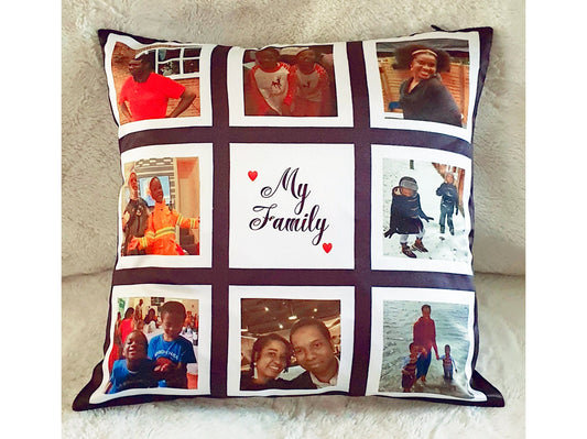 Personalised satin photo pillow showing 9-panel front with photos and custom message