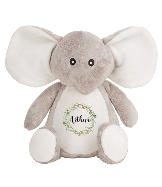 Personalised elephant plush teddy with name in wreath design, cuddly baby and christening gift