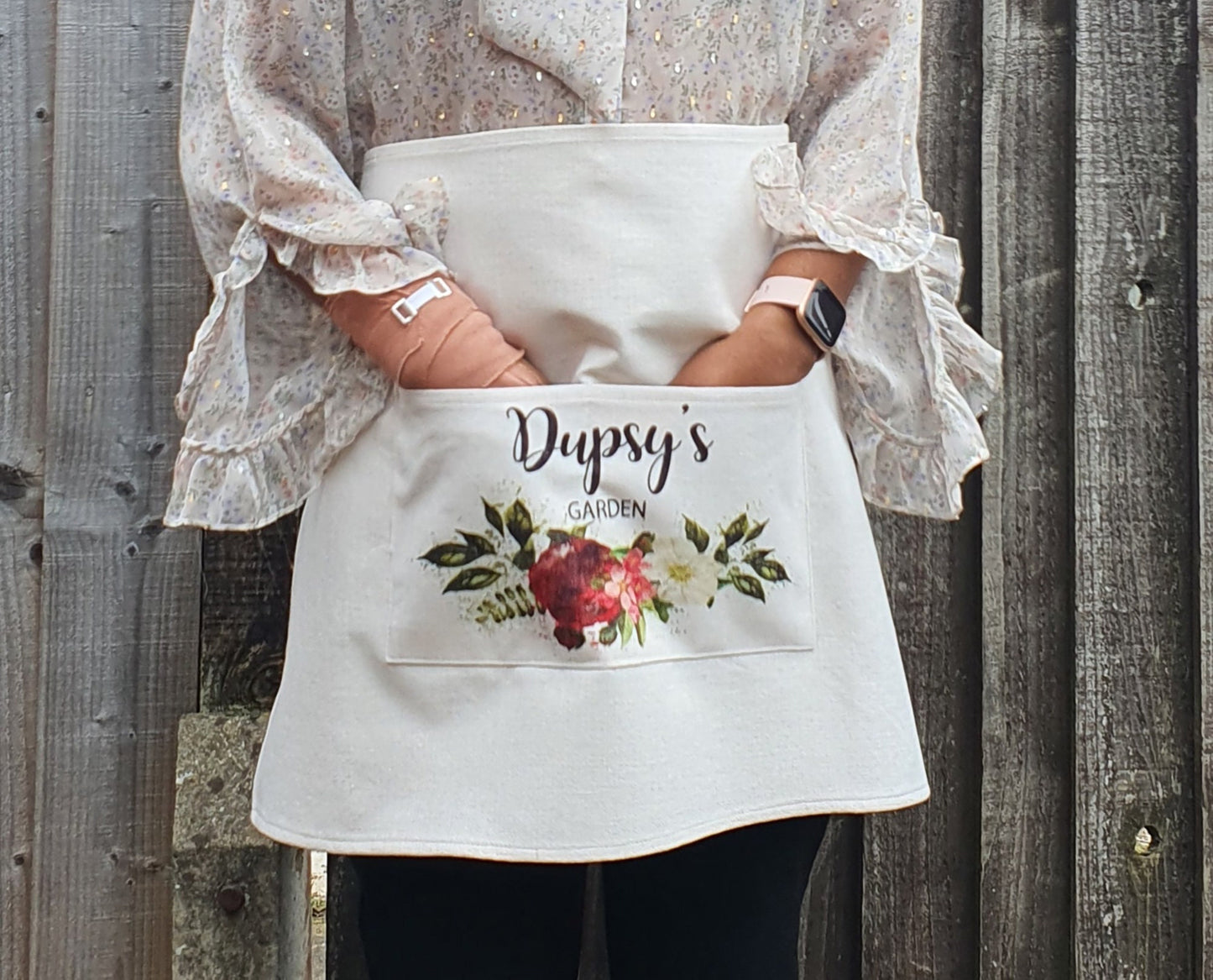 Personalised gardening waist apron with double pockets and custom name text