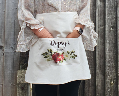 Personalised gardening waist apron with double pockets and custom name text