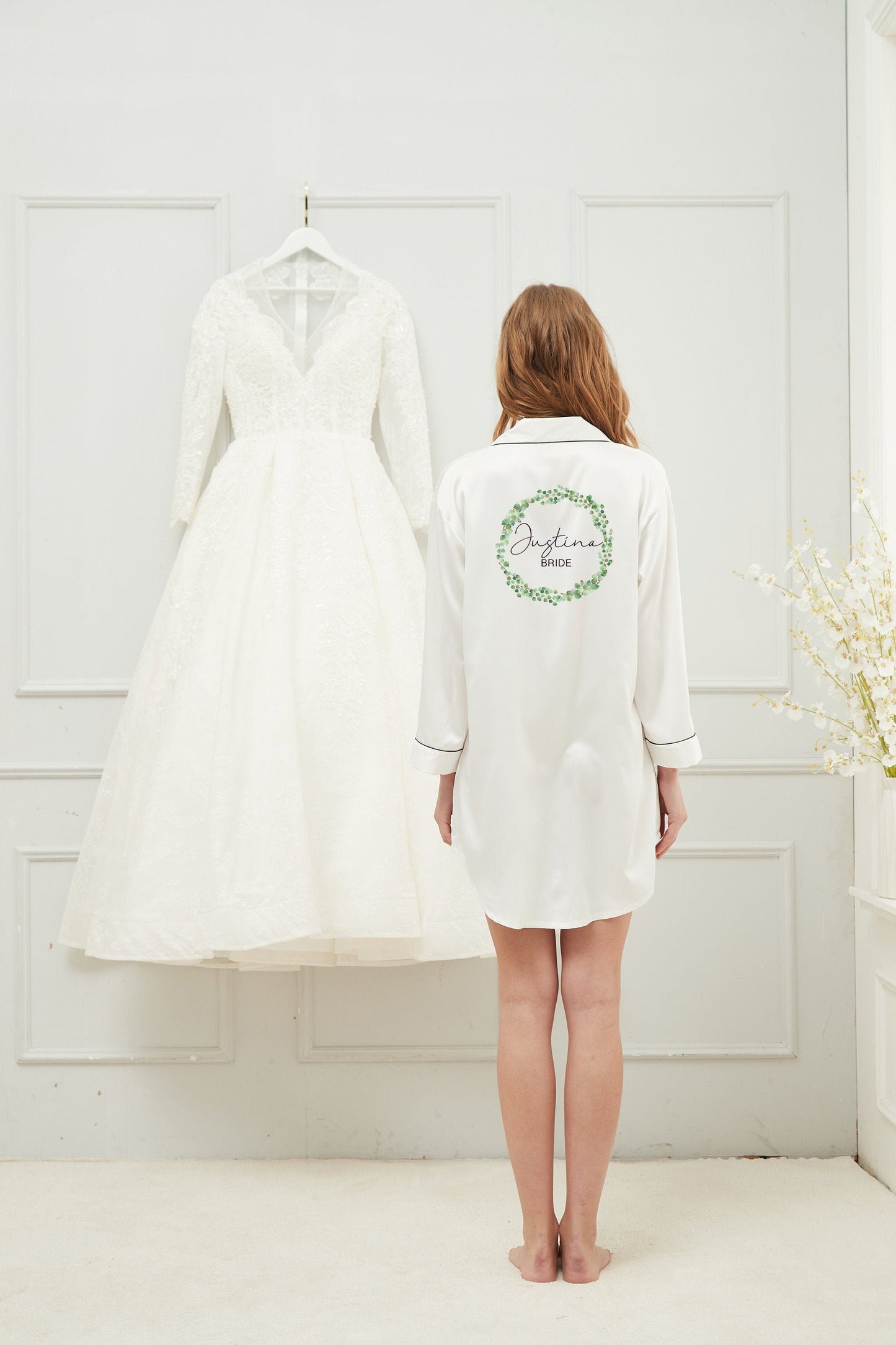 Personalised satin bridesmaid pyjama dress shirt with piping details and long sleeves