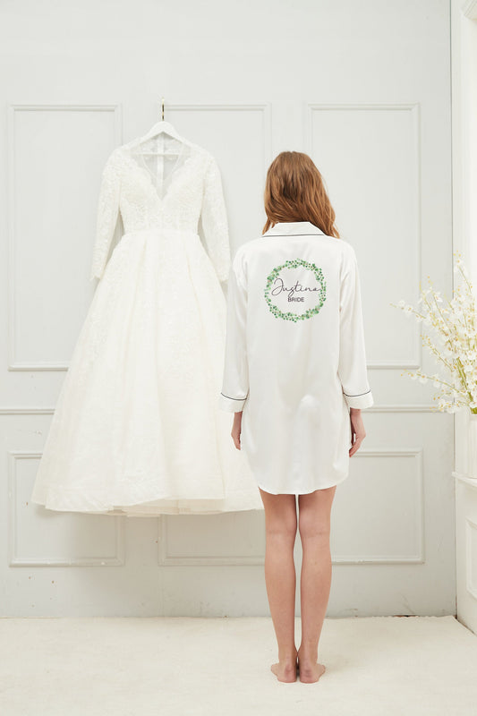 Personalised satin bridesmaid pyjama dress shirt with piping details and long sleeves