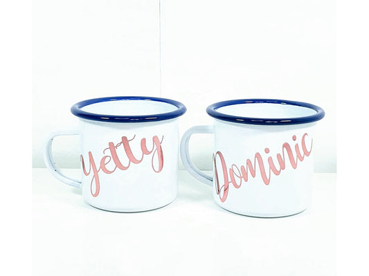 Personalised enamel mug with blue rim and custom name in vinyl, heavy-duty steel camping mug