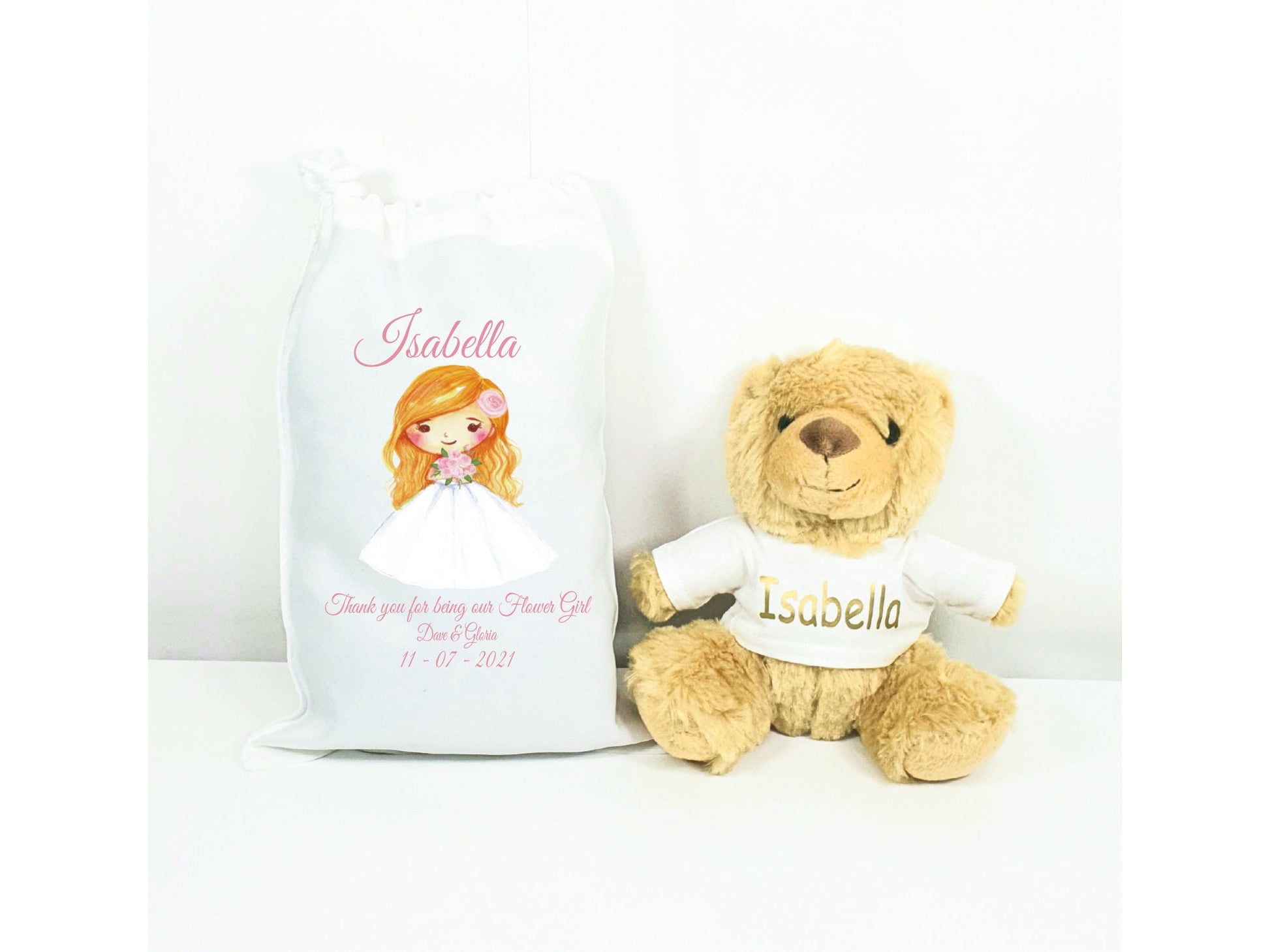 Personalised flower girl teddy bear with custom t-shirt in white drawstring gift pouch