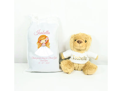 Personalised flower girl teddy bear with custom t-shirt in white drawstring gift pouch