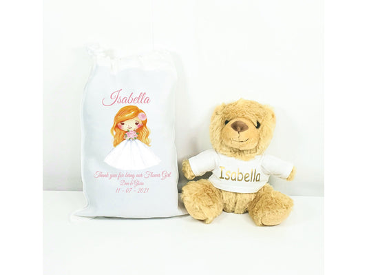 Personalised flower girl teddy bear with custom t-shirt in white drawstring gift pouch