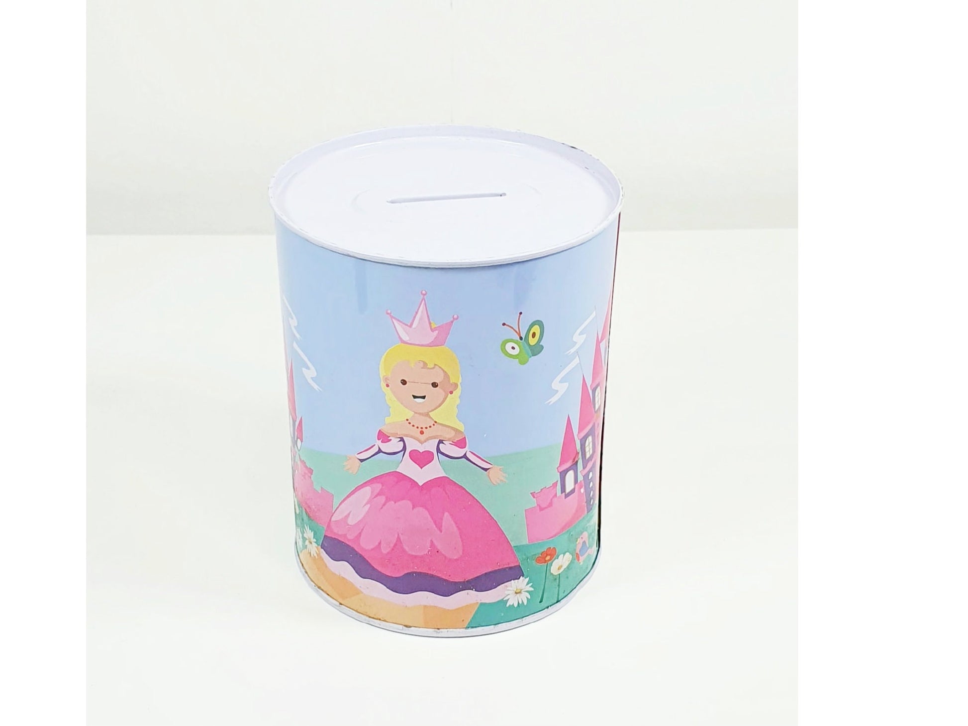 Close-up of personalised name detail on character money box tin with colourful design