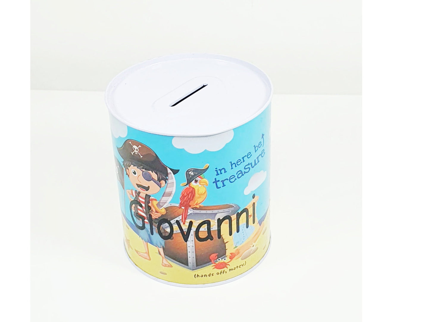 Personalised character money box showing superhero design with custom name personalisation