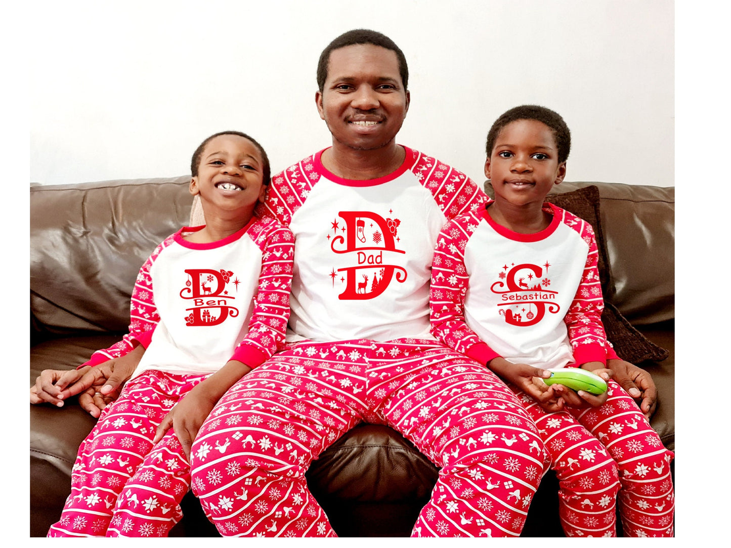 Adult matching Christmas pyjamas set with personalised festive monogram name design