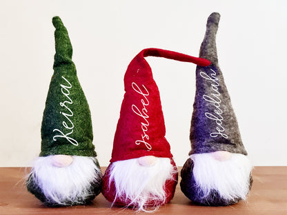 Personalised red Christmas gonk decoration with custom name, free-standing felt gnome