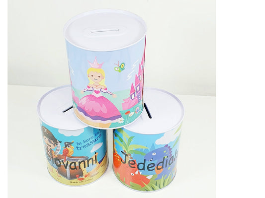 Personalised princess character money box tin with custom name, a fun savings gift for kids