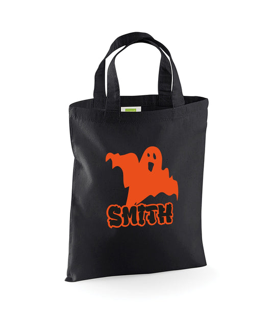 Personalised white Halloween trick or treat bag with ghost design and child's name
