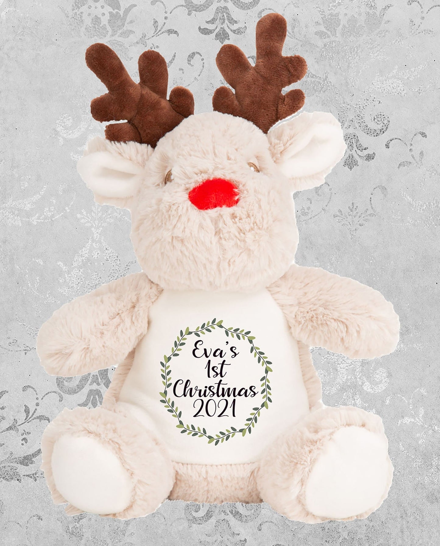 Personalised first Christmas reindeer teddy with custom name printed on belly in food-grade inks
