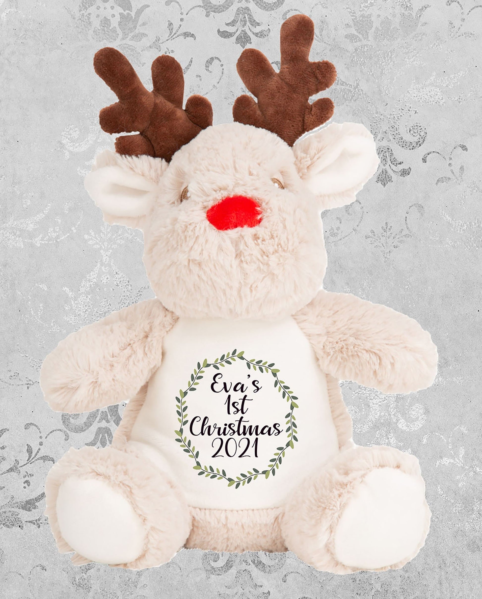Personalised first Christmas reindeer teddy with custom name printed on belly in food-grade inks