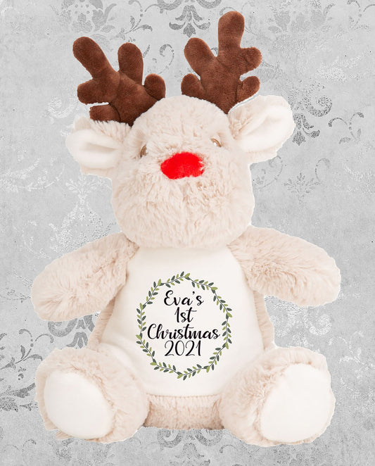 Personalised first Christmas reindeer teddy with custom name printed on belly in food-grade inks