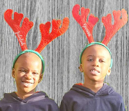 Personalised green and red plush reindeer ears headband with custom name for kids