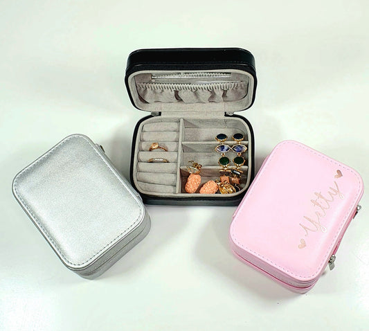 Personalised PU leather jewellery box with velvet lining and custom name with hearts