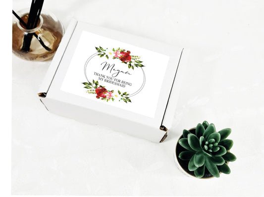 Personalised floral bridesmaid proposal gift box filled with bath bomb, hand cream and treats