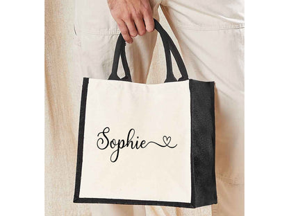 Personalised jute lunch bag in natural colour with custom name printed on cotton canvas front panel