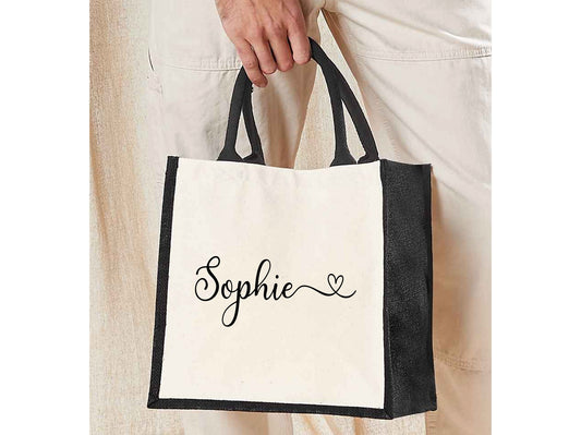 Personalised jute lunch bag in natural colour with custom name printed on cotton canvas front panel