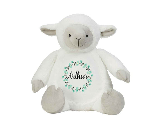 Personalised lamb teddy with floral wreath and custom name printed on belly, soft baby gift