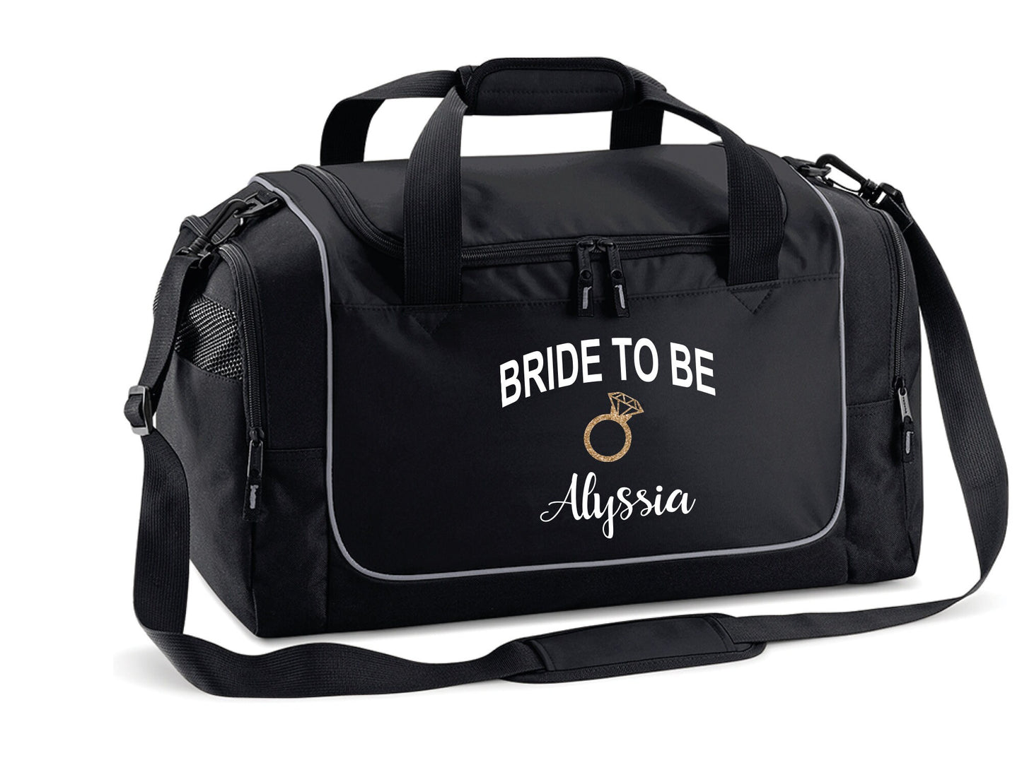 Personalised bride-to-be duffle bag in black and fuchsia with padded shoulder strap