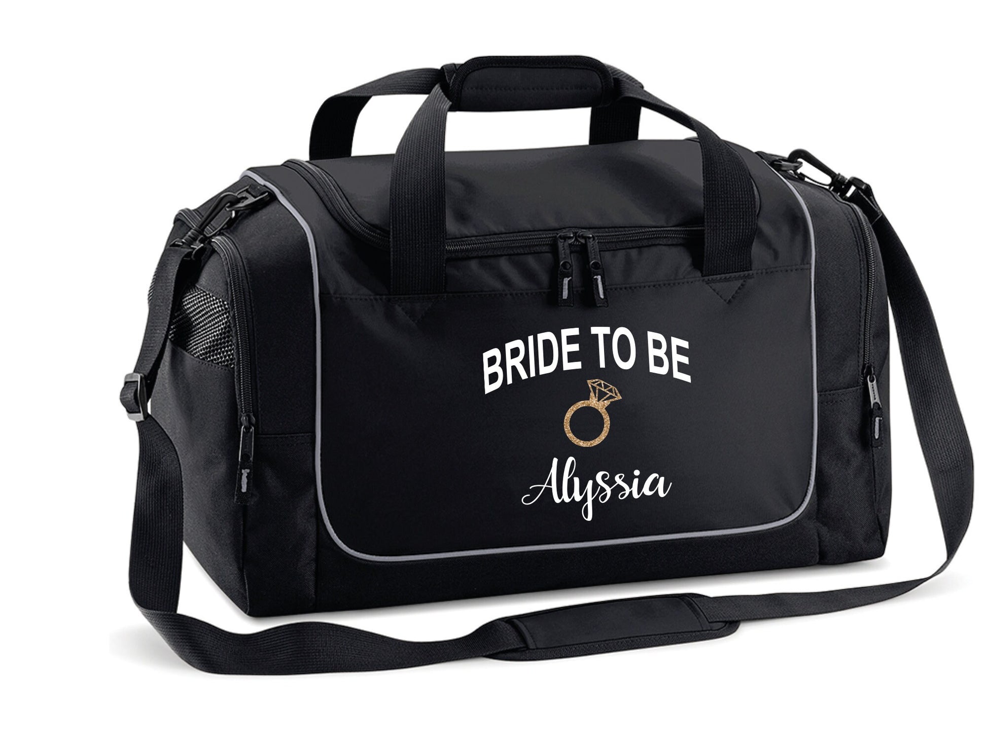 Personalised bride-to-be duffle bag in black and fuchsia with padded shoulder strap