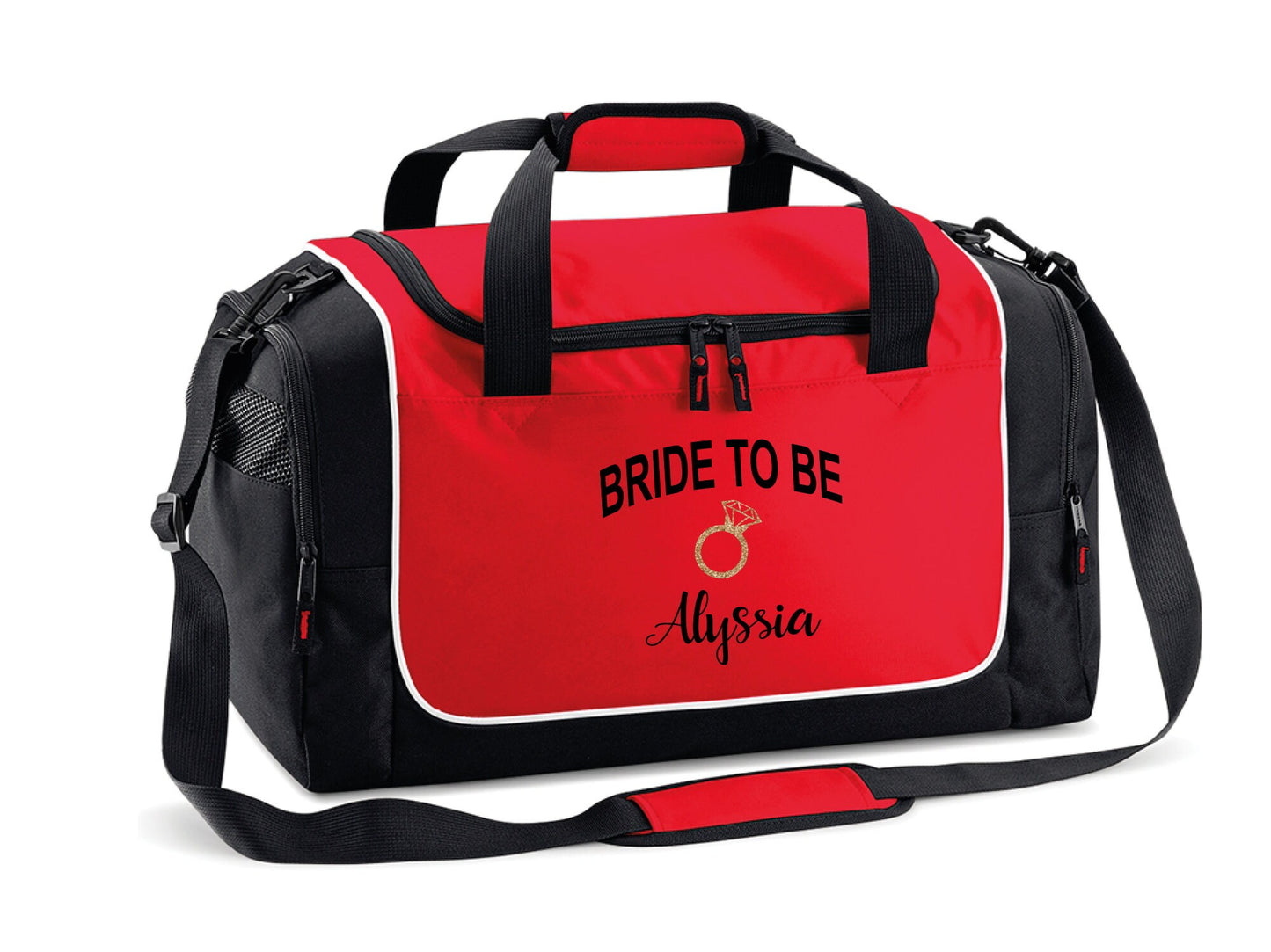 Close-up of personalised name and gold glitter ring design on bride-to-be weekend bag
