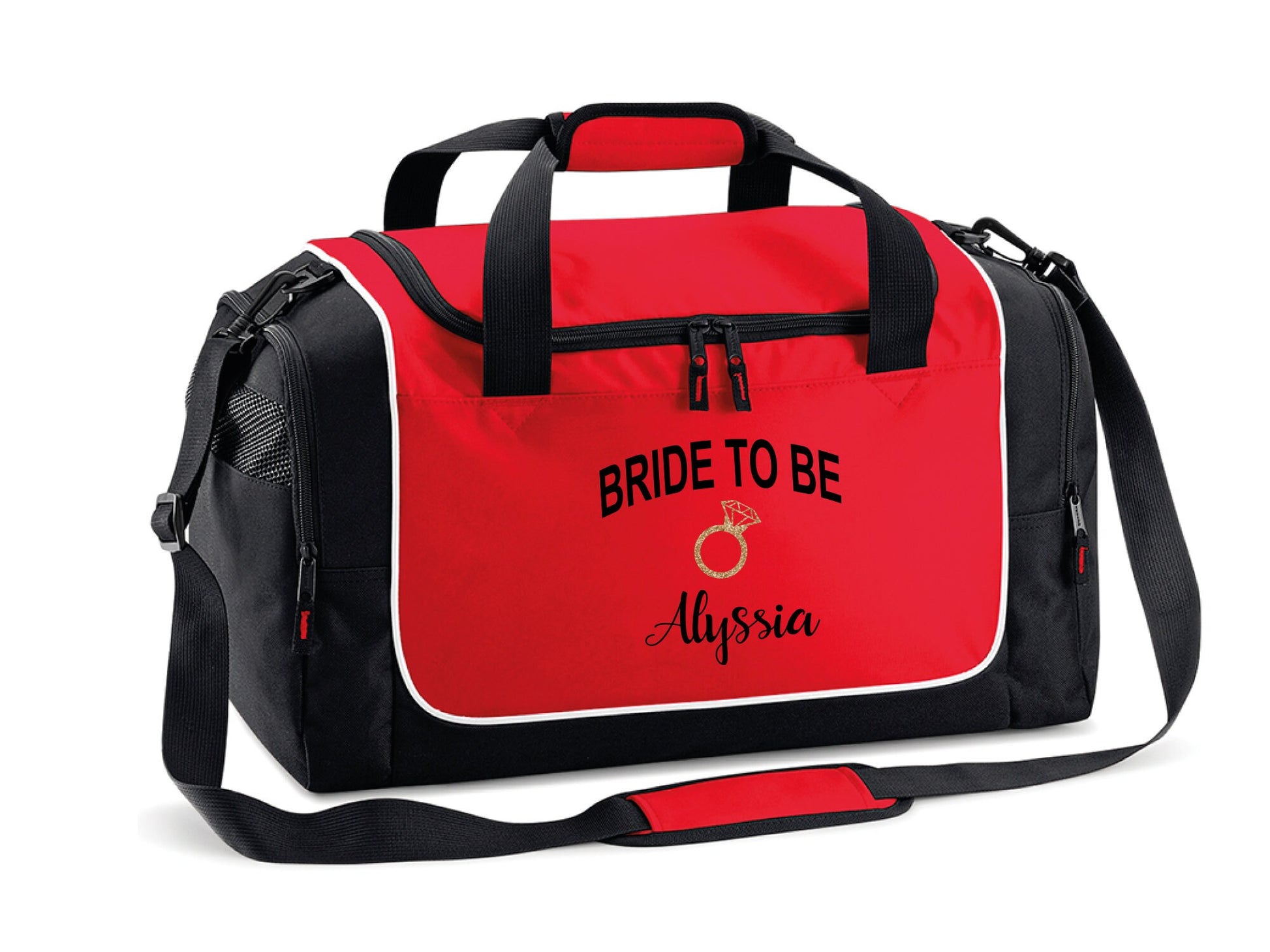 Close-up of personalised name and gold glitter ring design on bride-to-be weekend bag