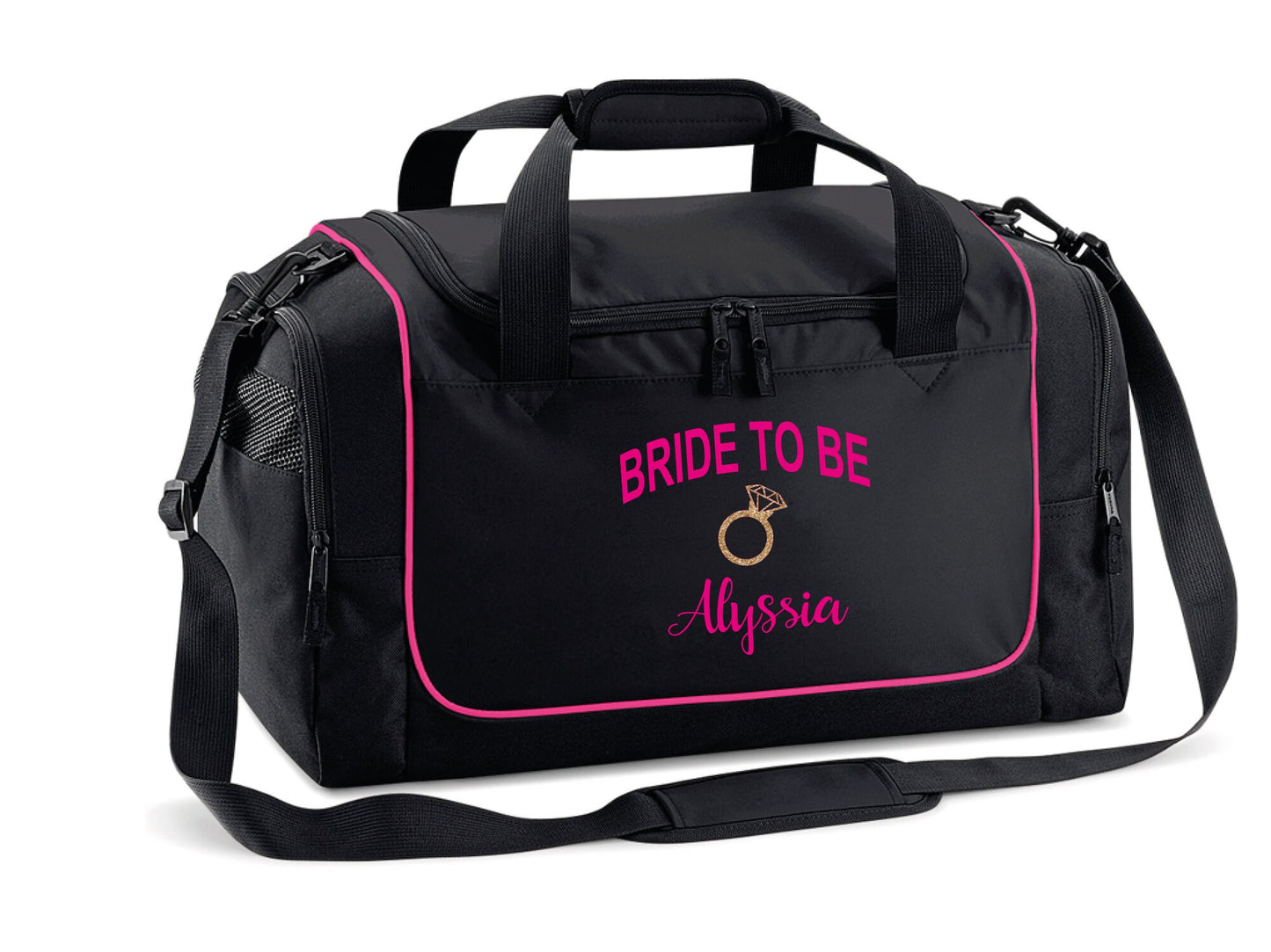 Personalised bride-to-be bag showing end pocket with mesh ventilation and protective base feet