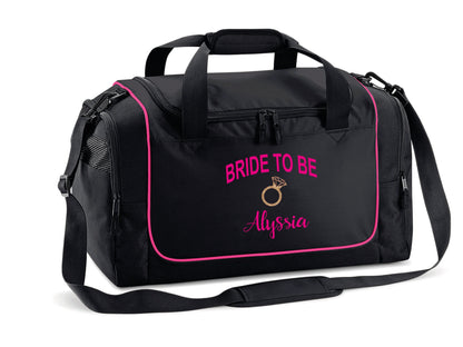 Personalised bride-to-be bag showing end pocket with mesh ventilation and protective base feet